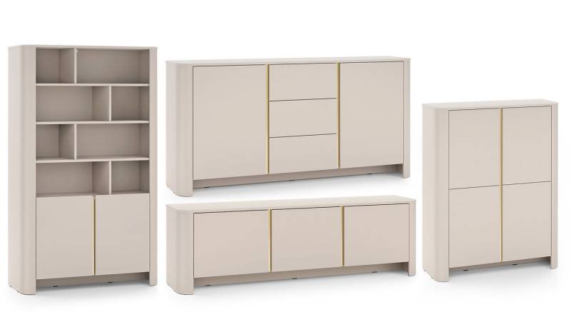 Feldmann-Wohnen Wohnwand Bari, (Drehtüren, mit Einlegeböden, mit offenen und geschlossenen Fächern, 4-St., moderne matte Optik, abgerundeter Korpus, grifflos, Push-to-Open), Wohnzimmer-Set 4er-Set Kaschmir / Gold von Feldmann-Wohnen