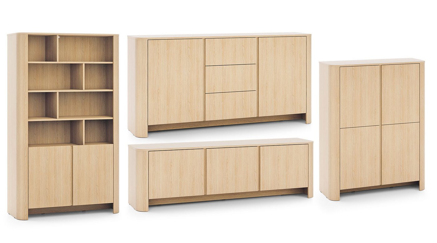 Feldmann-Wohnen Wohnwand Bari, (Drehtüren, mit Einlegeböden, mit offenen und geschlossenen Fächern, 4-St., moderne matte Optik, abgerundeter Korpus, grifflos, Push-to-Open), Wohnzimmer-Set 4er-Set Eiche Vicenza von Feldmann-Wohnen