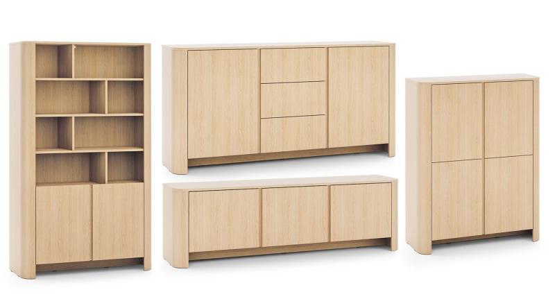 Feldmann-Wohnen Wohnwand Bari, (Drehtüren, mit Einlegeböden, mit offenen und geschlossenen Fächern, 4-St., moderne matte Optik, abgerundeter Korpus, grifflos, Push-to-Open), Wohnzimmer-Set 4er-Set Eiche Vicenza von Feldmann-Wohnen
