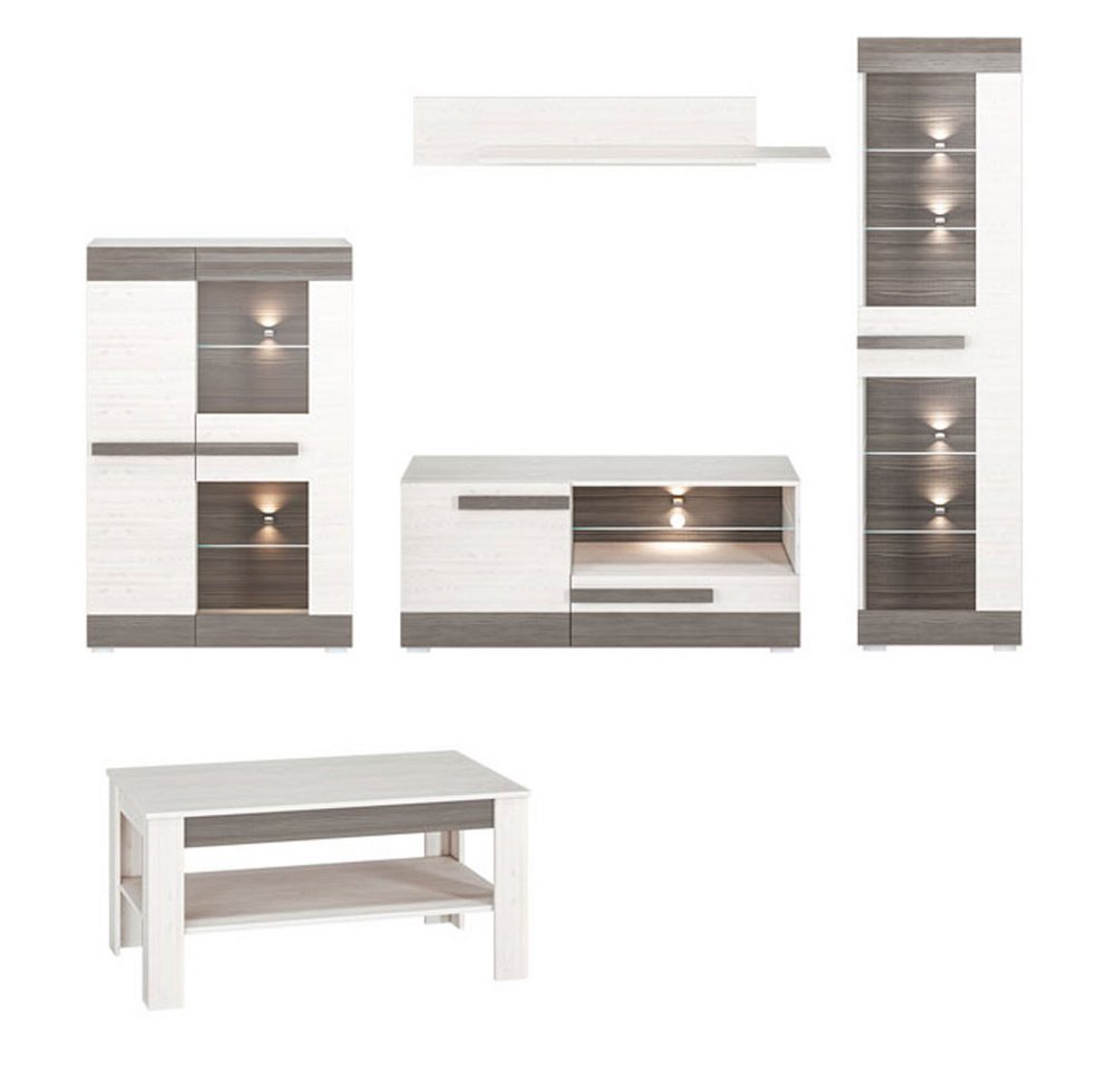 Feldmann-Wohnen Wohnwand Blanco, (1 Highboard, 1 Lowboard, 1 Vitrine, 1 Wandregal, 1 Couchtisch, 5-St., dekorative graue MDF-Absetzungen), 275x67x140cm Pinie weiß / grau, 5-teilig von Feldmann-Wohnen