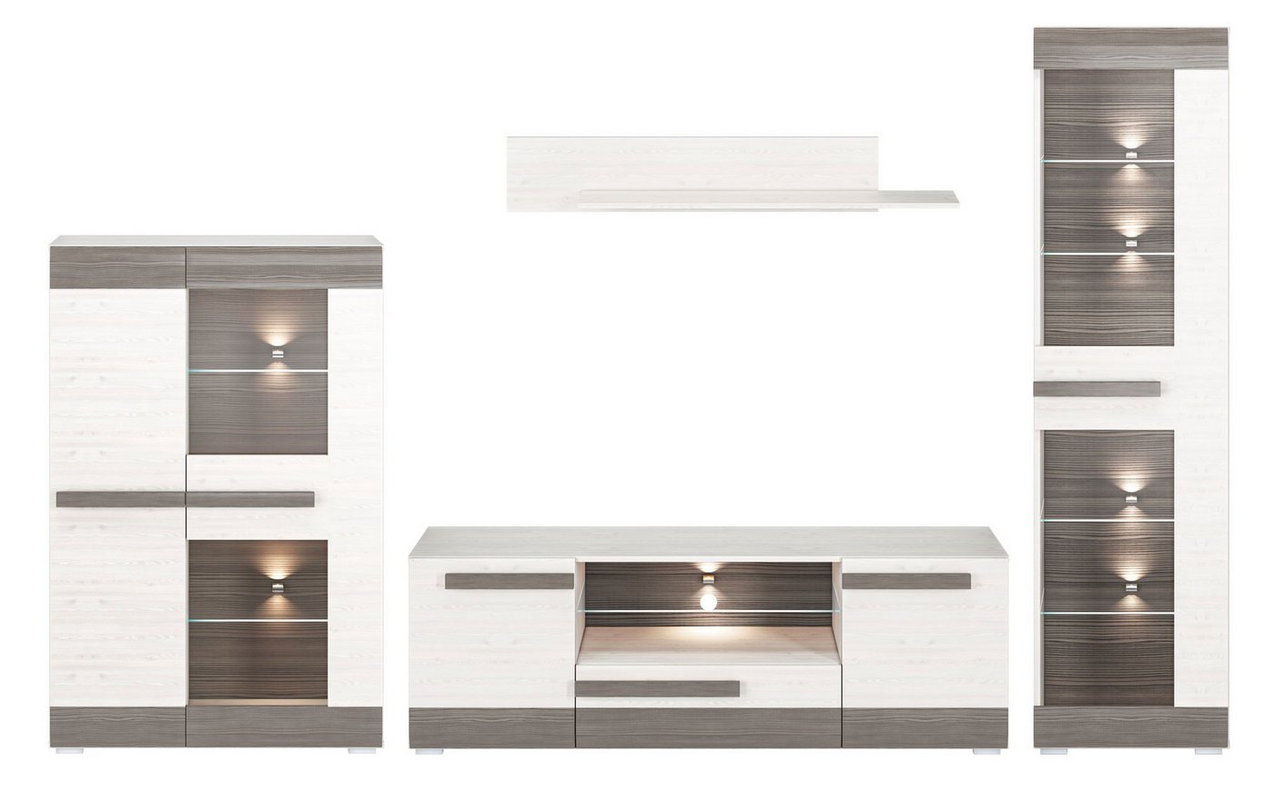 Feldmann-Wohnen Wohnwand Blanco, (1 Vitrine, 1 Lowboard, 1 Highboard, 1 Wandregal, 4-St., dekorative graue MDF-Absetzungen), 312x42x202cm Pinie weiß / grau von Feldmann-Wohnen