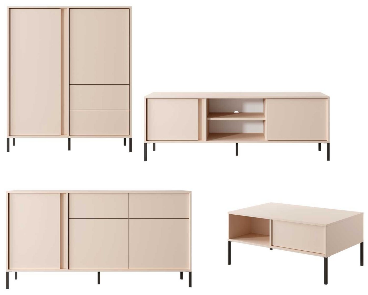 Feldmann-Wohnen Wohnwand Dast, (mit Drehtüren, Vollauszugschubladen, Einlegeböden, 4-St., grifflos, ABS-Kanten, push-to-open Funktion), 4-teilig beige von Feldmann-Wohnen