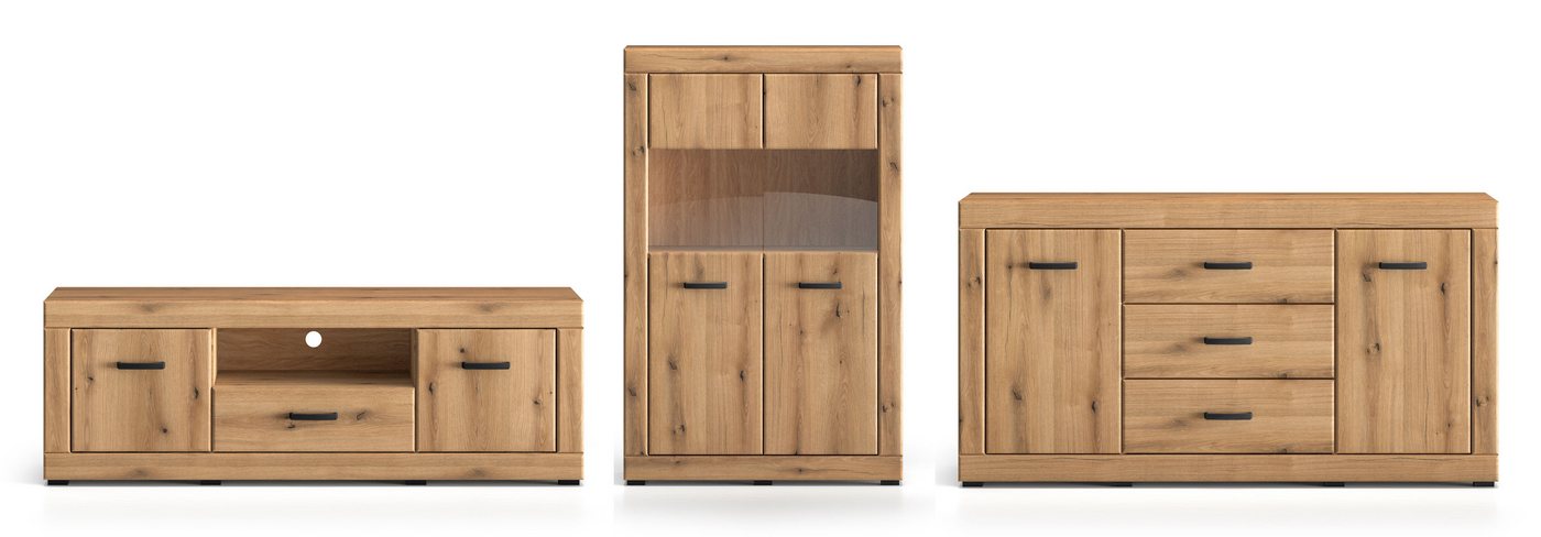 Feldmann-Wohnen Wohnwand Dora, (mit Türen, mit Einlegeböden, mit Schublade, mit Glaseinsatz, 3-St., moderne Optik, 3-teilig, Front MDF), 3-teilig Evoke Eiche von Feldmann-Wohnen