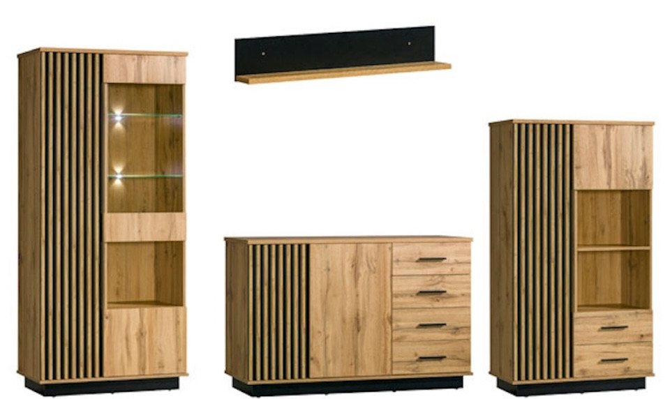 Feldmann-Wohnen Wohnwand Lamia, (1x Highboard, 1x Vitrine, 1x Kommode, 1x Wandregal, 1-St., Kunststoffgriffe in schwarz, Front mit dekorativen Lamellen), 4-teilig Wotan Eiche schwarz Feldmann-Wohnen Wohnwand Lamia, (1x Highboard, 1x Vitrine, 1x Kommode, 1x Wandregal, 1-St., Kunststoffgriffe in schwarz, Front mit dekorativen Lamellen), 4-teilig Wotan Eiche schwarz von Feldmann-Wohnen