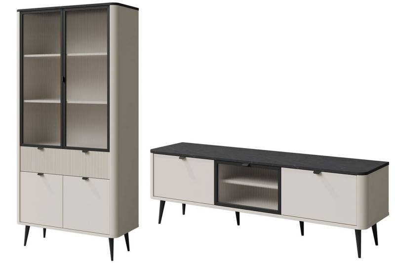 Feldmann-Wohnen Wohnwand Marly, (1 Regalschrank, 1 Lowboard, 2-St., moderne Optik, abgerundeter Korpus, Zugengriffe aus Metall), 2er-Set Wohnzimmermöbel Kaschmir / Graustein von Feldmann-Wohnen