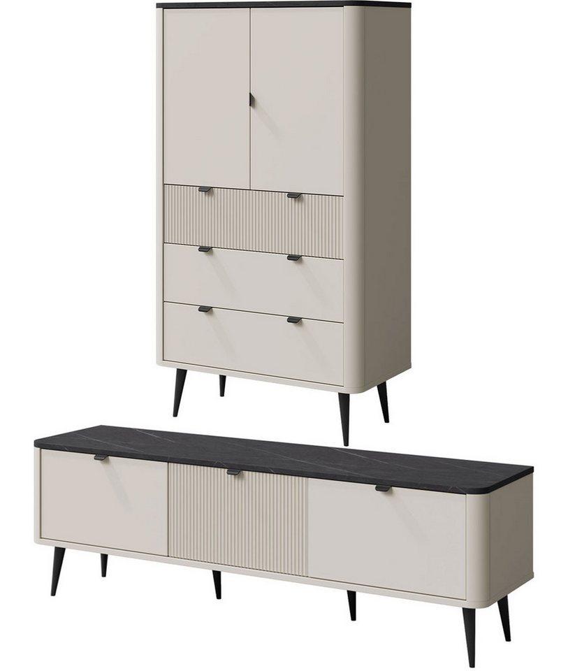 Feldmann-Wohnen Wohnwand Marly, (mit Türen, Schubladen, Böden, 2-St., moderne Optik, abgerundeter Korpus, Zungengriffe aus Metall), Wohnzimmer-Set Kaschmir, Graustein / 2-tlg von Feldmann-Wohnen