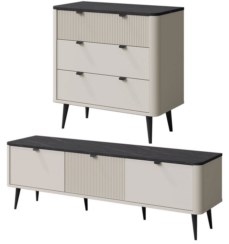 Feldmann-Wohnen Wohnwand Marly, (mit Türen, Schubladen, Böden, 2-St., moderne Optik, abgerundeter Korpus, Zungengriffe aus Metall), Wohnzimmer-Set Kaschmir, Graustein / 2-tlg von Feldmann-Wohnen