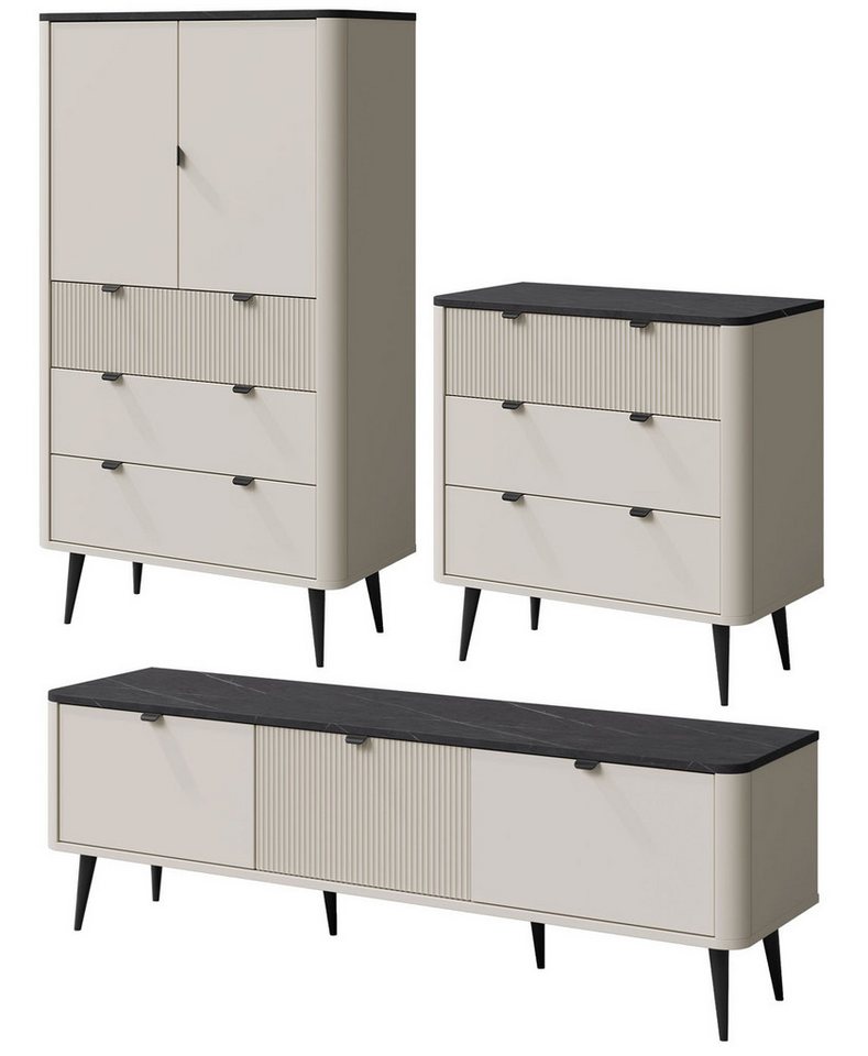 Feldmann-Wohnen Wohnwand Marly, (mit Türen, Schubladen, Böden, 3-St., moderne Optik, abgerundeter Korpus, Zungengriffe aus Metall), Wohnzimmer-Set Kaschmir, Graustein / 3-tlg von Feldmann-Wohnen