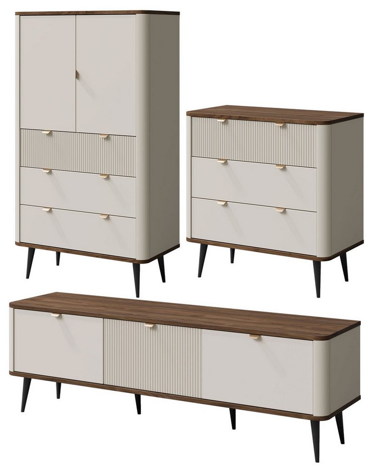 Feldmann-Wohnen Wohnwand Marly, (mit Türen, Schubladen, Böden, 3-St., moderne Optik, abgerundeter Korpus, Zungengriffe aus Metall), Wohnzimmer-Set Kaschmir, Walnuss / 3-tlg von Feldmann-Wohnen