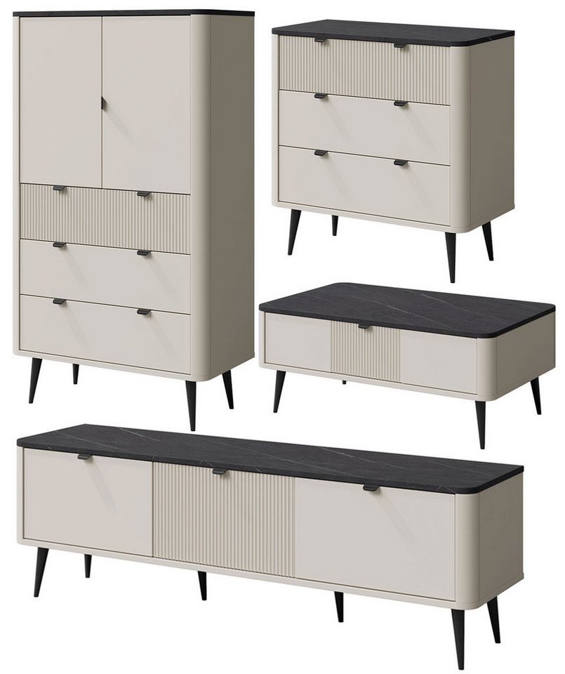 Feldmann-Wohnen Wohnwand Marly, (mit Türen, Schubladen, Böden, 4-St., moderne Optik, abgerundeter Korpus, Zungengriffe aus Metall), Wohnzimmer-Set Kaschmir, Graustein / 4-tlg von Feldmann-Wohnen