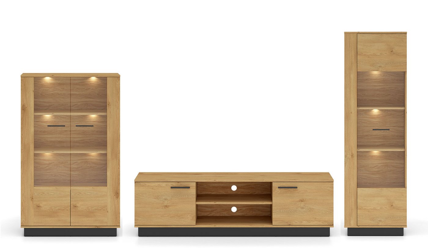 Feldmann-Wohnen Wohnwand Modesto, (mit Türen, mit Einlegeböden, mit Glaseinsatz, 3-St., moderne Optik, 3-teiliges Wohnzimmer-Set), 3-teilig Eiche Style hell schwarz von Feldmann-Wohnen