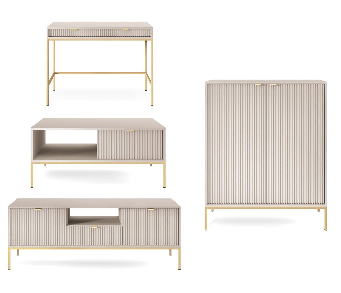 Feldmann-Wohnen Wohnwand Nova, (1 Lowboard, 1 Couchtisch, 1 Schreibtisch, 1 Highboard, 4-St., Riffel-Optik Front, goldfarbene Metallgriffe, ABS-Kanten), 4-teilig, MDF, Farbe wählbar, mit Türen, Schubladen, Holzböden von Feldmann-Wohnen