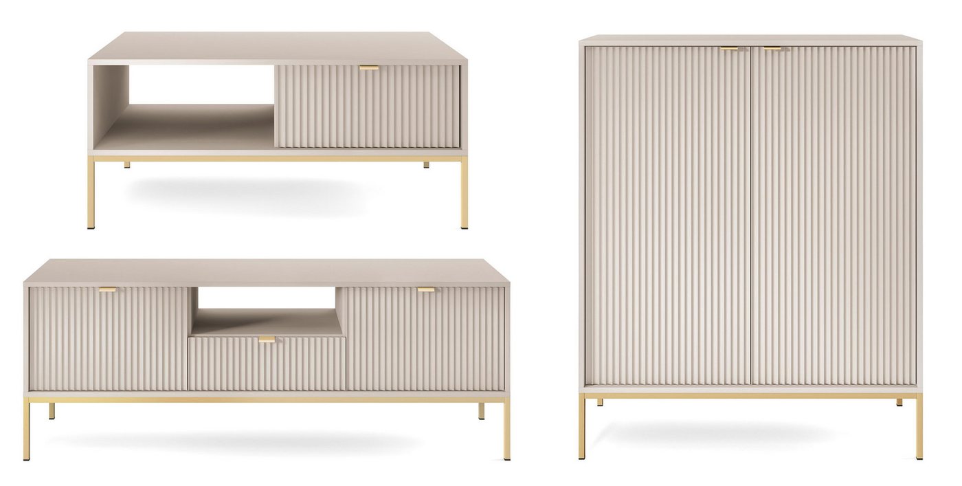Feldmann-Wohnen Wohnwand Nova, (1 Lowboard, 1 Highboard, 1 Couchtisch, 1-St., Riffel-Optik Front, goldfarbene Metallgriffe, ABS-Kanten), 3-teilig Kaschmir von Feldmann-Wohnen