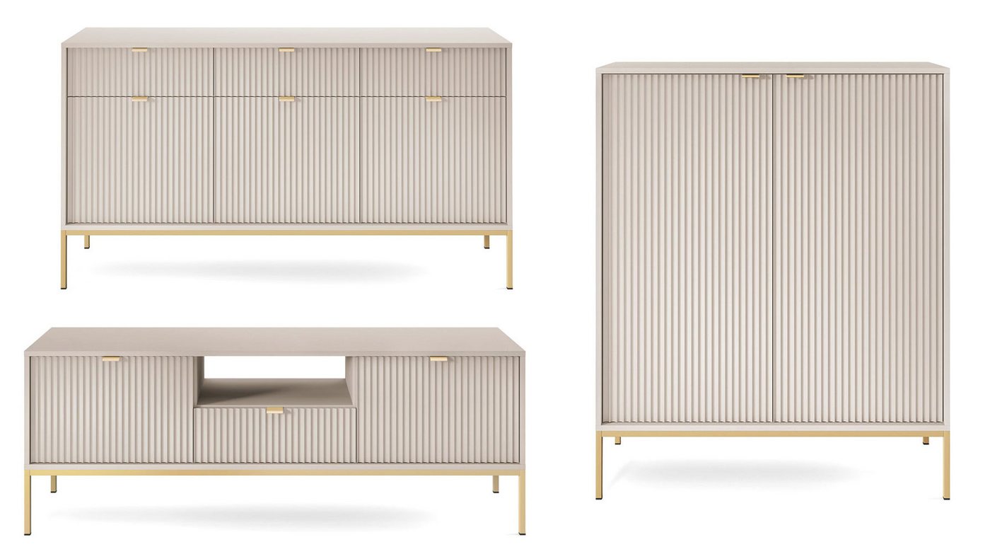 Feldmann-Wohnen Wohnwand Nova, (1 Lowboard, 1 Sidebaord, 1 Highboard, 3-St., Riffel-Optik Front, goldfarbene Metallgriffe, ABS-Kanten), 3-teilig MDF Kaschmir von Feldmann-Wohnen