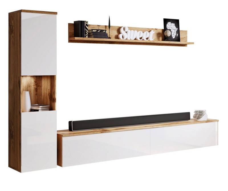 Feldmann-Wohnen Wohnwand Parma, (1 Lowboard - 1 Hängeschrank - 1 Wandregal, 3-St., funktionell und praktisch), 210x33x variabel cm / 3-teilig Wotan Eiche / weiß Hochglanz von Feldmann-Wohnen