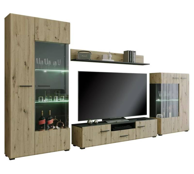 Feldmann-Wohnen Wohnwand Rota, (1 Vitrine (2-türig), 1 Highboard (2-türig), 1 Lowboard, 1 Wandregal, 4-St., moderne Optik, Kunststoffgriffe, LED-Beleuchtung), 4-teilig schwarz matt - Artisan Eiche von Feldmann-Wohnen