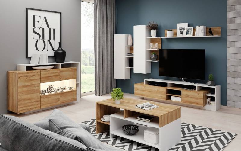 Feldmann-Wohnen Wohnwand Alva, (mit Türen, mit Einlegeböden, mit Beleuchtung, 6-St., moderne Optik, 6-teiliges Wohnzimmer-Set), 6-teilig weiß Grand Eiche inkl. Beleuchtung von Feldmann-Wohnen