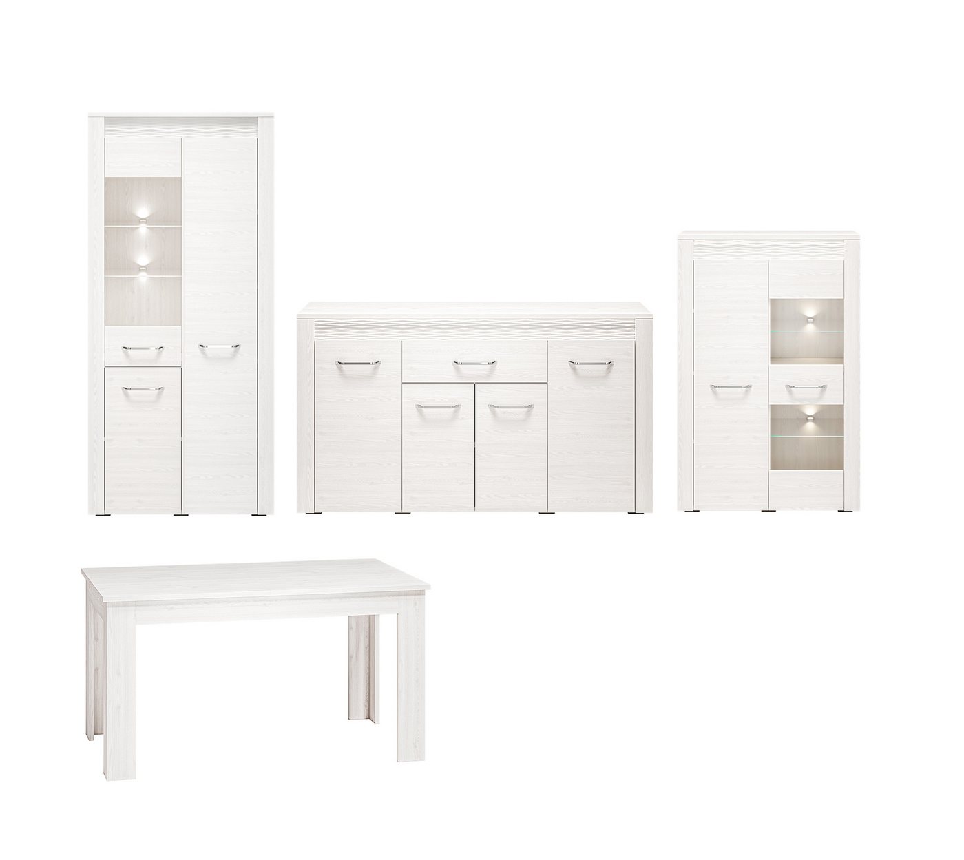 Feldmann-Wohnen Wohnzimmer-Set Clermont, (Set, 4-tlg., Esszimmer-Set besteht aus: - 1 Vitrine - 1 Kommode - 1 Highboard - 1 Esstisch), LED-Hintergrundbeleuchtung, dekorative geriffelte MDF-Absetzungen, Soft-Close-Funktion von Feldmann-Wohnen