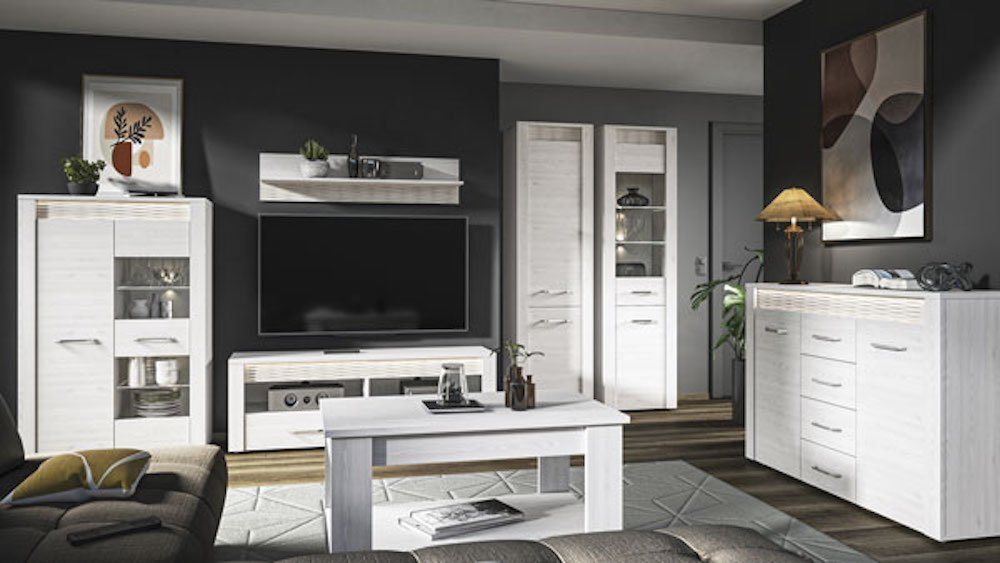 Feldmann-Wohnen Wohnzimmer-Set Clermont, (Set, 5-tlg., Wohnzimmer-Set besteht aus: - 1 Lowboard - 1 Wandregal - 1 Couchtisch - 1 Highboard - 1 Kommode), LED-Hintergrundbeleuchtung, dekorative geriffelte MDF-Absetzungen, 7-tlg. Set von Feldmann-Wohnen