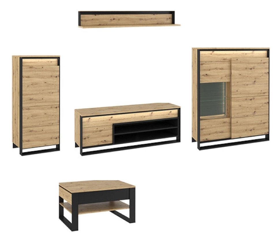 Feldmann-Wohnen Wohnwand Quant, (Quant, 5-St., 1 Vitrine, 1 Kommode, 1 Lowboard, 1 Wandregal, 1 Couchtisch), 325cm Eiche Artisan / schwarz 5-teilig von Feldmann-Wohnen