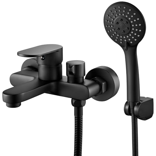 Badewannenarmatur mit Handbrause,Schwarz Wannenarmatur ，Einstellbare 3-Stufen-Brause mit 1,5 m langem Wasserschlauch im Lieferumfang von Felenny