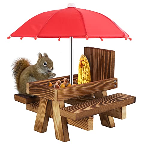 „Felenny Outdoor-Eichhörnchen-Futterstation aus Holz, lustiger Eichhörnchen-Futtertisch mit Regenschirm für Garten, Hof, Baum von Felenny