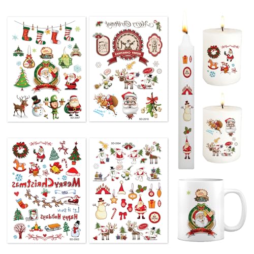 Feliciay 4 Stück Weihnachten Kerzentattoo, Kerzentattoo Wassertransferdruck Kerzen Tattoos Folie Weihnachten Kerzenfolie Kerzenaufkleber für Kerzen Dekorieren Kerzen Tasse DIY Geschenk(Xmas 2) von Feliciay