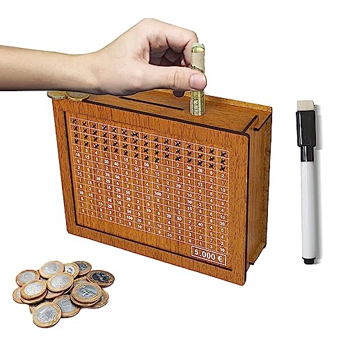 Feliciay Spardose aus Holz,Retro Sparbüchse Aufbewahrungsbox,Wiederverwendbare Spardose mit Sparziel und Zahlen zum Ankreuzen,Sparschwein mit Marker Kinder Sparbox für Gewohnheit zum Sparen（5000€） von Feliciay