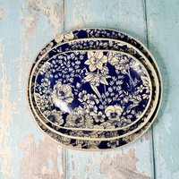 Handgefertigte Vintage Floral Nesting Dishes, Blau Keramik Teller von FelicityJDCeramics