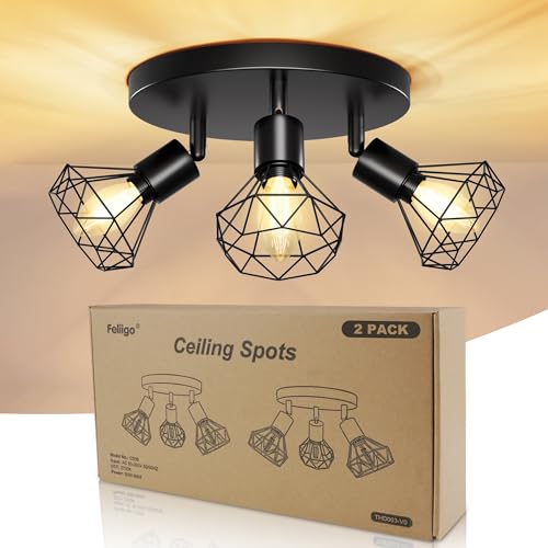 Deckenlampe LED Deckenleuchte Deckenstrahler [2Stück] Schwenkbar 350° Deckenspots E14 3 Flammig Schwarz Lampen Küchenlampe Wohnzimmer,Flurlampe Hanging Lamp Ceiling Modern für Flur,Küche,Schlafzimmer von Feliigo