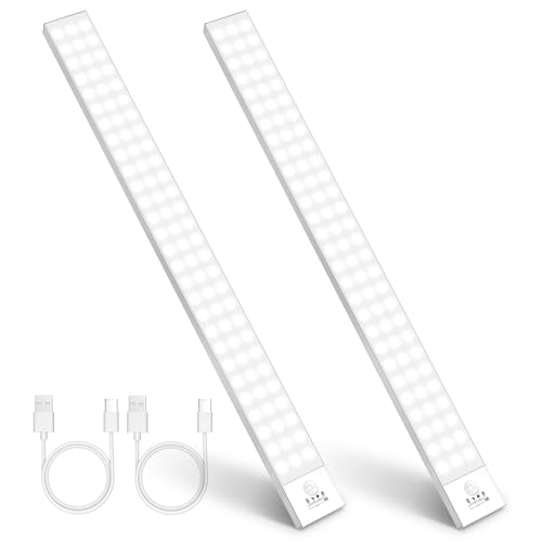 Feliigo LED Unterbauleuchte Küche 2 Stück, Weiß Schrankbeleuchtung 43.5CM/84 LEDS 2500mAh USB Wiederaufladbar Schranklicht mit Bewegungsmelder für Schlafzimmer, Werkstatt von Feliigo