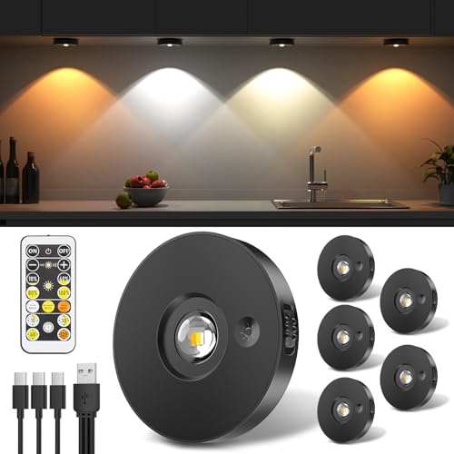 Feliigo USB Aufladbar LED Spots Akku,Unterbauleuchte, LED Schrankbeleuchtung mit Fernbedienung, 3 Farbtemperaturen LED Unterbauleuchte, Kabellos Vitrinenbeleuchtung LED mit Timing Funktion(6er Pack) von Feliigo
