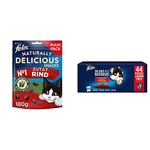 FELIX Naturally Delicious Katzensnack, gesunde Leckerlies mit Rind & Goji Beeren, 6er Pack (6 x 180g) & So gut wie es aussieht Katzenfutter nass in Gelee, Sorten-Mix, 44er Pack (44 x 85g) von Felix