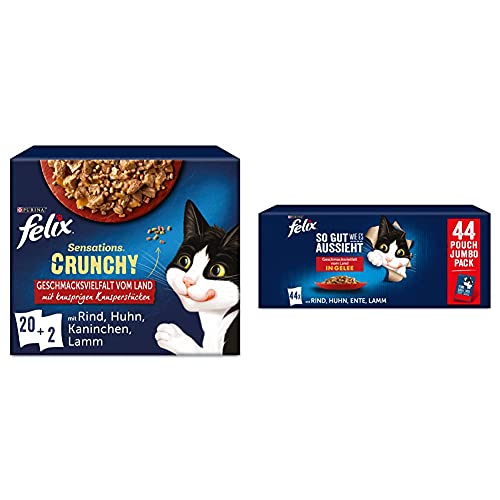 FELIX Sensations Crunchy Katzenfutter nass in Gelee, Sorten-Mix, 4er Pack (4 x 20 Beutel à 85g) & So gut wie es aussieht Katzenfutter nass in Gelee, Sorten-Mix, 44er Pack (44 x 85g) von Felix