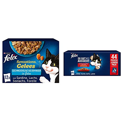 FELIX Sensations Gelees Katzenfutter nass in Gelee, Fisch Sorten-Mix, 6er Pack (6 x 12 Beutel à 85g) & So gut wie es aussieht Katzenfutter nass in Gelee, Sorten-Mix, 44er Pack (44 x 85g) von Felix