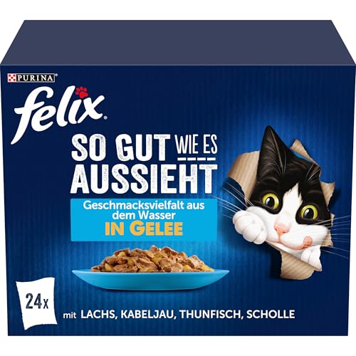 FELIX So gut wie es aussieht Katzenfutter nass Geschmacksvielfalt aus dem Wasser in Gelee mit Lachs, Scholle, Kabeljau und Thunfisch, 4er Pack (4 x 24 Beutel à 85g) von Felix