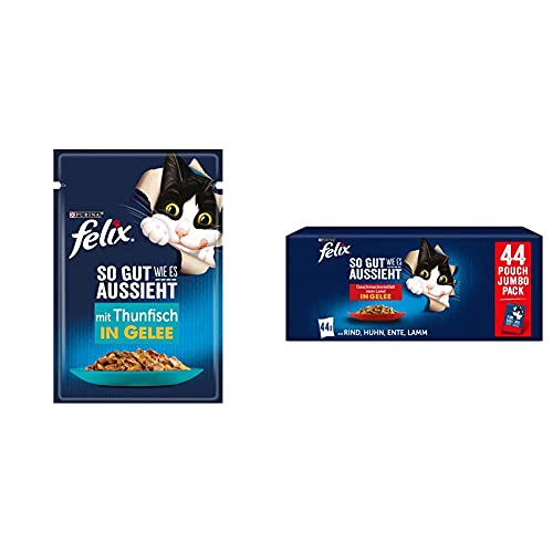 FELIX So gut wie es aussieht Katzenfutter nass in Gelee, mit Thunfisch, 26er Pack (26 x 85g) & So gut wie es aussieht Katzenfutter nass in Gelee, Sorten-Mix, 44er Pack (44 x 85g) von Felix