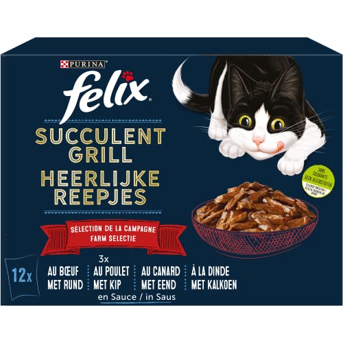 FELIX | Succulent Grill | ausgewachsene Katze | Auswahl der Kampagne in Sauce: Rind, Huhn, Ente, Truthahn | Nassfutter 100% komplett und ausgewogen | Frischebeutel | 72 x 80 g von Felix