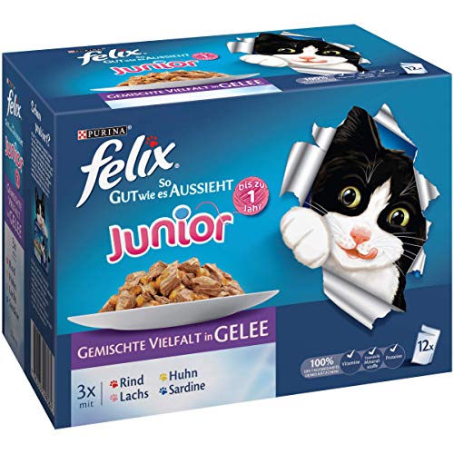 Felix So gut wie es aussieht Junior 12er-Multpacks (Rind, Huhn, Lachs, Sardine) 12 x 100 g, Katzenfutter von Purina, 6er Pack (6 x 1.2 kg) von Felix
