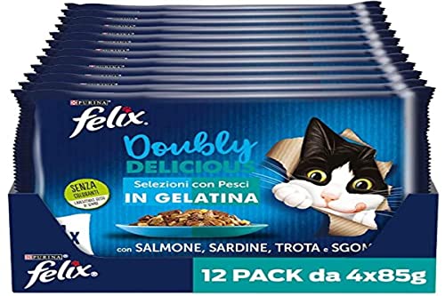 Purina Felix Le Ghiottonerie Doubly Delicious Feuchtmittel für Katzen mit Lachs und Sardinen, Tee und Makrelen, 48 Beutel à 85 g von Felix