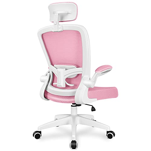 FelixKing bürostuhl, Schreibtischstuhl aus Mesh mit Hochklappbaren Armlehnen, office chair mit Verstellbarer Kopfstütze, Lendenwirbelstütze, Hautfreundliche Netz-Hochlehne bürostuhl 300LB(Sakura rosa) von FelixKing