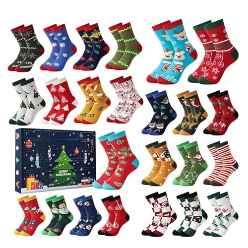 2025 Weihnachtsfeuersocken Kalender - 24 Paar Warme Socken, 24 Tage Countdown Kalender, Weihnachtswinter Socken Kalenders, Mit Weihnachtsbaum, Süße Muster, Für Männer Frauen Kinder von Fellflying