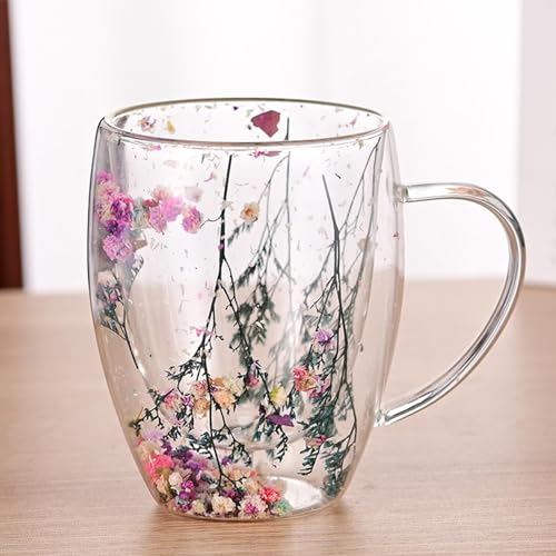 Fellflying Getrocknete Blumen Glas Kaffeetasse | 350 Ml Doppelwandige Glasbecher | Isolierte Kaffeetassen Aus Glas Mit Hen-kel | | Ästhetische Teetasse Mit Getrockneten Blumen Aus Glas Geschenke von Fellflying
