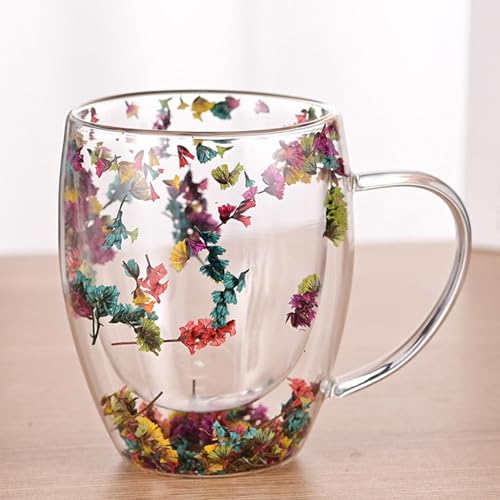 Fellflying Getrocknete Blumen Glas Kaffeetasse | 350 Ml Doppelwandige Glasbecher | Isolierte Kaffeetassen Aus Glas Mit Hen-kel | | Ästhetische Teetasse Mit Getrockneten Blumen Aus Glas Geschenke von Fellflying