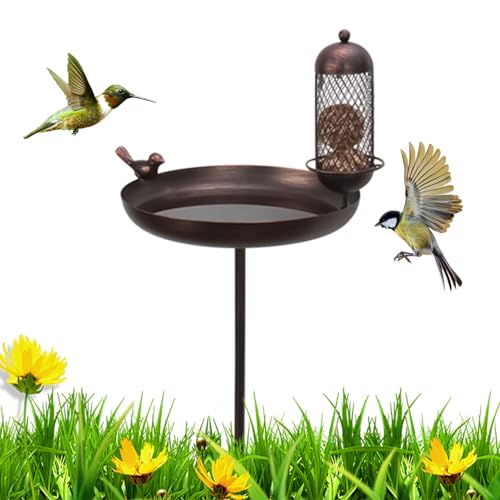 Fellflying Vogeltranke Draußen, Vogelbad Mit Futterschale Auf Stab Den Außenbereich, Stehende Rostfreie Futterschale Als Gartendekoration Für Rasen Terrasse Und Beete von Fellflying