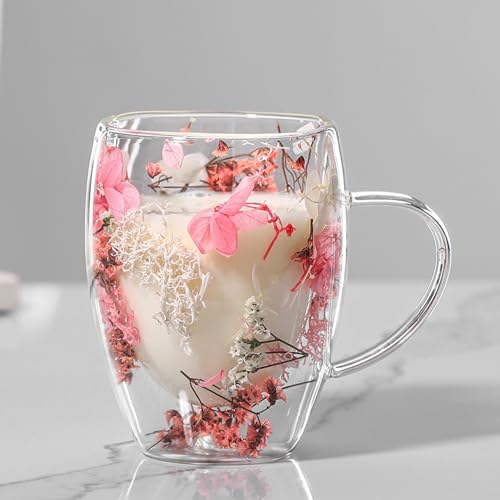Fellflying Getrocknete Blumen Doppelwandige Kaffeetasse Aus Glas | Isolierte Kaffeetassen Aus Glas Mit Henkel | Hitzebeständige Tassen, Gläser, Geschenke Für Mama, Frau Und Freundin, 350 Ml von Fellflying