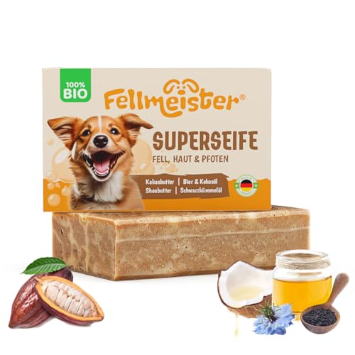 Fellmeister® Bio Hundeseife – 100% handgemachte Naturseife für Hunde – nachhaltige Fell- & Hautpflege mit Kokosöl, Sheabutter & Schwarzkümmelöl – palmölfrei & plastikfrei (1er Stück) von Fellmeister