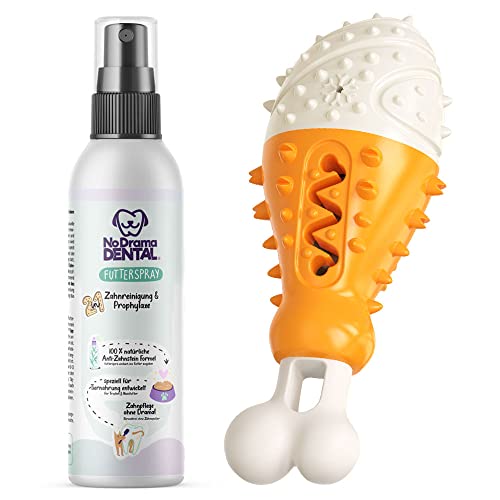 Fellmeister® Zahnpflegeset für Hunde - No Drama Dental® Futterspray gegen Zahnstein, Maulgeruch mit Dental Spielzeug Keule, Kauspielzeug mit Futterfach Zahnpflegesnack von Fellmeister