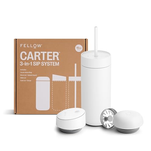 Fellow 473 ml Carter-Paket (3 in 1) Reisebecher mit Schiebeverschluss, abnehmbarer und kalter Deckel mit Strohhalmen – To-Go Kaffeebehälter, Keramikdekor und vakuumisolierter Edelstahl – Kaffeetassen von Fellow