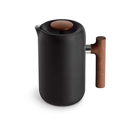 Fellow Clara Isolierende French Press – Tragbare Kaffee-Presse aus Edelstahl, isolierende Hand-Presse, Mattschwarz mit Walnuss, 680 g Karaffe von Fellow